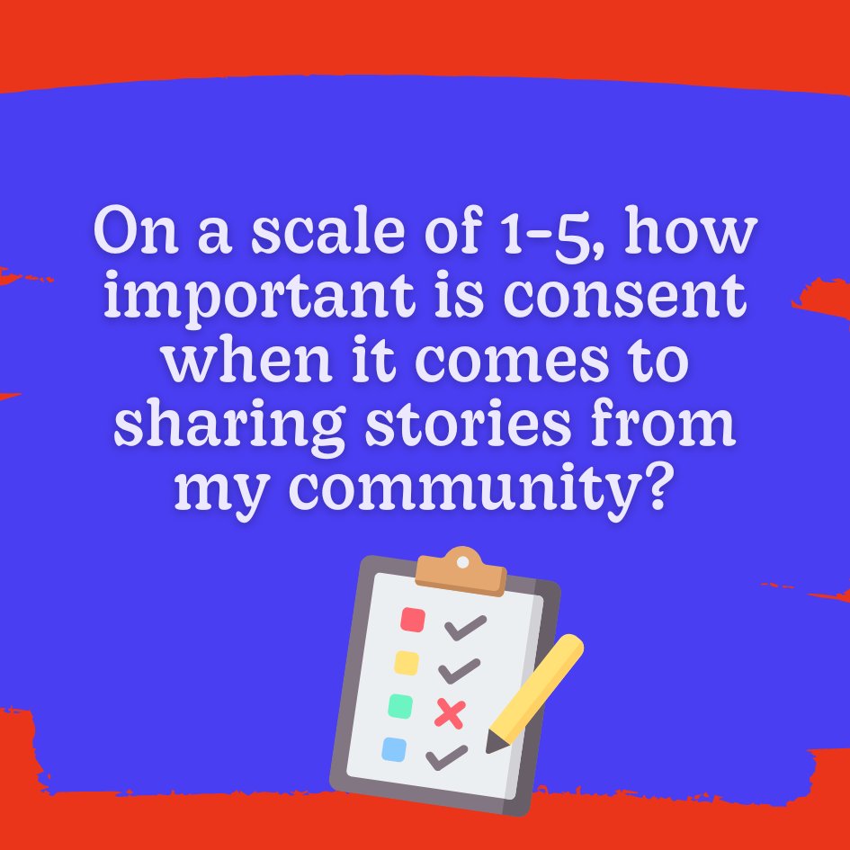 🌟 ETHICAL STORYTELLING SURVEY 🌟

On a scale of 1-5, how important is consent when it comes to sharing stories from my community?

We want to know what you think!

Take our 10 question survey:
forms.gle/BAba6vcufZ2diC…

&amp; be a part of next year's Ethical Storytelling Report 📝