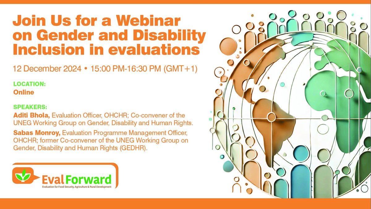 EvalforEarth (@evalforearth) on Twitter photo 📢Join our FREE webinar on #Gender & #Disability Inclusion in #Evaluation!
With Experts from <a href="/UNHumanRights/">UN Human Rights</a> <a href="/UN_Evaluation/">UN Evaluation Group</a>
Learn how to integrate #GEDHR principles & recent dev like #UNSWAP3 & #UNDIS framework.
đź“…Dec 12
⏲️3:00 PM GMT+1
🔗Register:zoom.us/webinar/regist… 📢Join our FREE webinar on #Gender & #Disability Inclusion in #Evaluation!
With Experts from <a href="/UNHumanRights/">UN Human Rights</a> <a href="/UN_Evaluation/">UN Evaluation Group</a>
Learn how to integrate #GEDHR principles & recent dev like #UNSWAP3 & #UNDIS framework.
đź“…Dec 12
⏲️3:00 PM GMT+1
🔗Register:zoom.us/webinar/regist…