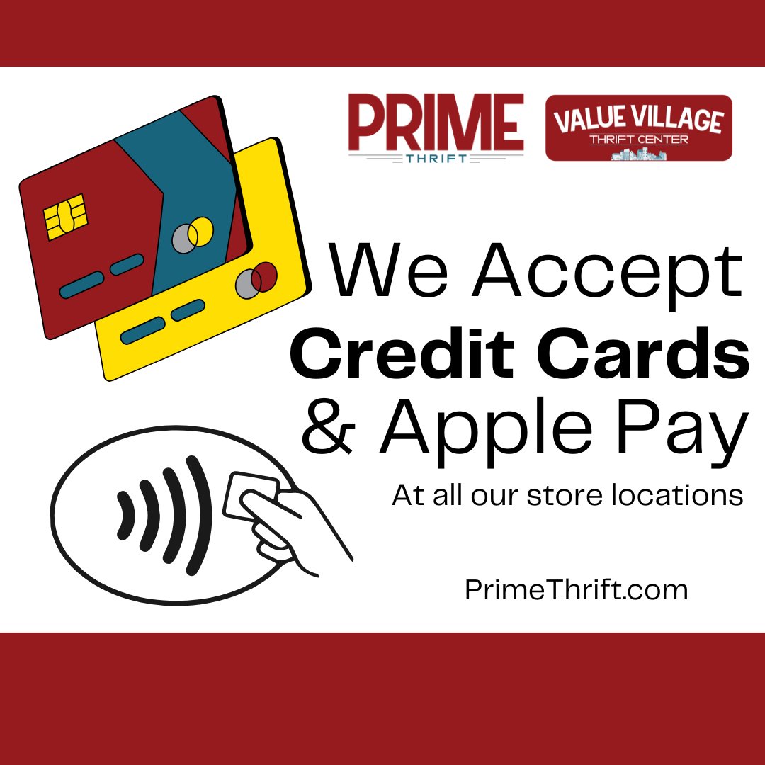 Shop with Ease!
We accept credit cards and Apple Pay at all of our store locations. Enjoy a quick, secure, and convenient shopping experience—every time you visit!

PrimeThrift.com