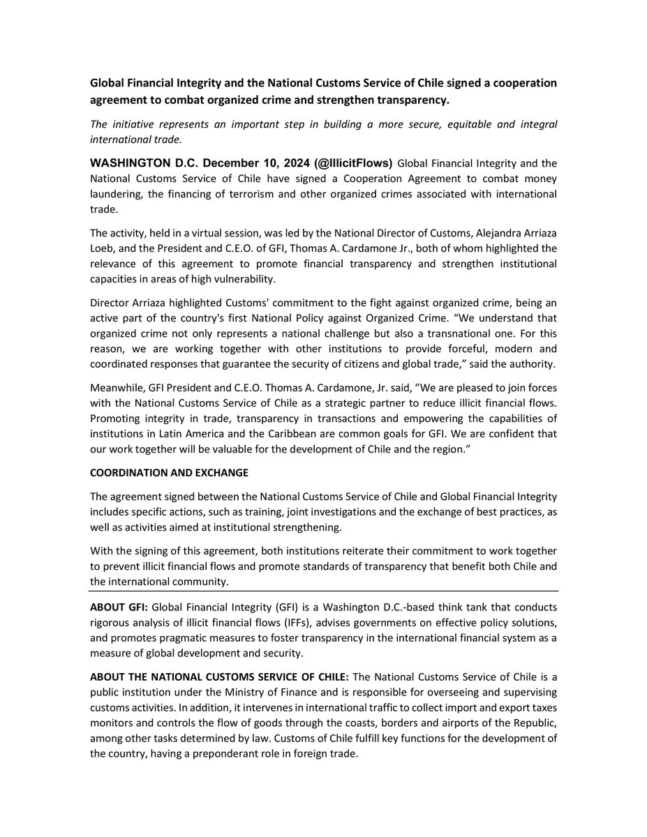 IllicitFlows's tweet photo. 🥳We celebrate a milestone in international cooperation!

Global Financial Integrity (GFI) and @AduanaCL have joined forces to combat money laundering, terrorist financing, and illicit financial flows in cross-border trade.
This agreement focuses on strengthening institutions through joint research, training, and the exchange of best practices, promoting security and transparency on both national and international levels.

💪We move towards a more secure and transparent global trading system.

👉 press release: https://t.co/cxJPWMb1cd 

#Transparency #GlobalTrade #OrganizedCrimePrevention #FinancialIntegrity #AduanaTeProtege