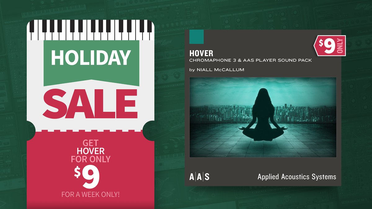 The Hover sound pack is only $9 for a week only. With Hover Niall McCallum highlights the vibe and character of the chillwave and downtempo sub-genres.
Get Hover today: applied-acoustics.com/hover/

Our Holiday Sale is going strong, check it out: applied-acoustics.com/promo/