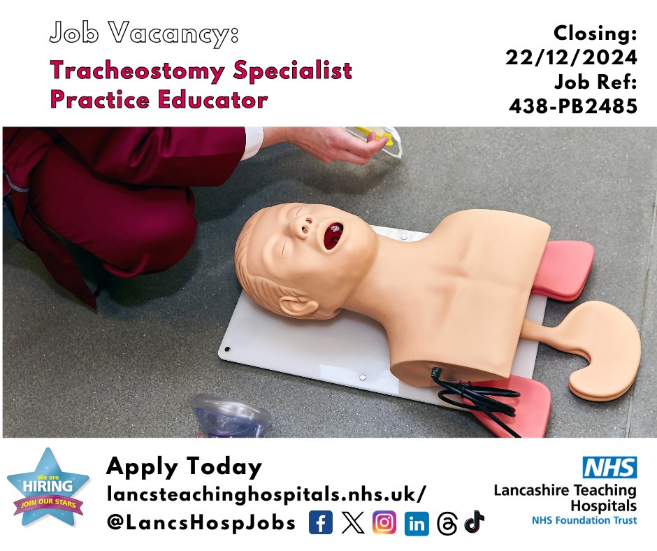 Lancashire Teaching Hospitals Jobs 💙 (@lancshospjobs) on Twitter photo Job Vacancy: Tracheostomy Specialist Practice Educator <a href="/LancsHospitals/">Chorley & Royal Preston</a>
⏰Closes: 22/12/2024
Read more and apply: lancsteachinghospitals.nhs.uk/join-our-workf…
#NHS #NHSjobs #lancashire #Lancashirejobs #Tracheostomy #Educator #band6 #SouthCumbria #Healthcare Job Vacancy: Tracheostomy Specialist Practice Educator <a href="/LancsHospitals/">Chorley & Royal Preston</a>
⏰Closes: 22/12/2024
Read more and apply: lancsteachinghospitals.nhs.uk/join-our-workf…
#NHS #NHSjobs #lancashire #Lancashirejobs #Tracheostomy #Educator #band6 #SouthCumbria #Healthcare