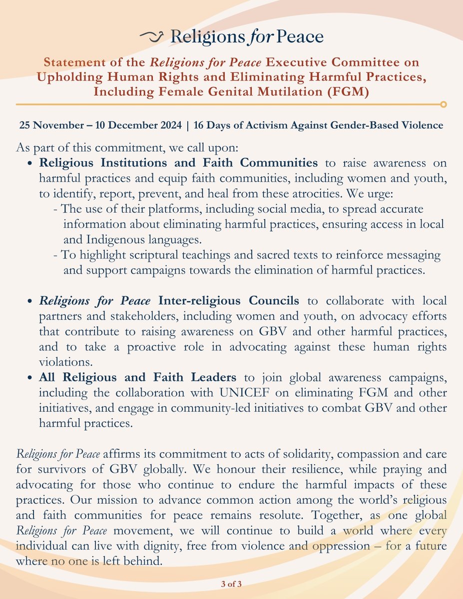 As #16DaysOfActivism wraps up today on #HumanRightsDay, our work does not end here but instead, we aim to invest more efforts to completely eliminate #GenderBasedViolence.   

The Executive Board of <a href="/religions4peace/">Religions for Peace</a> has a statement to share today: rfp.org/wp-content/upl…