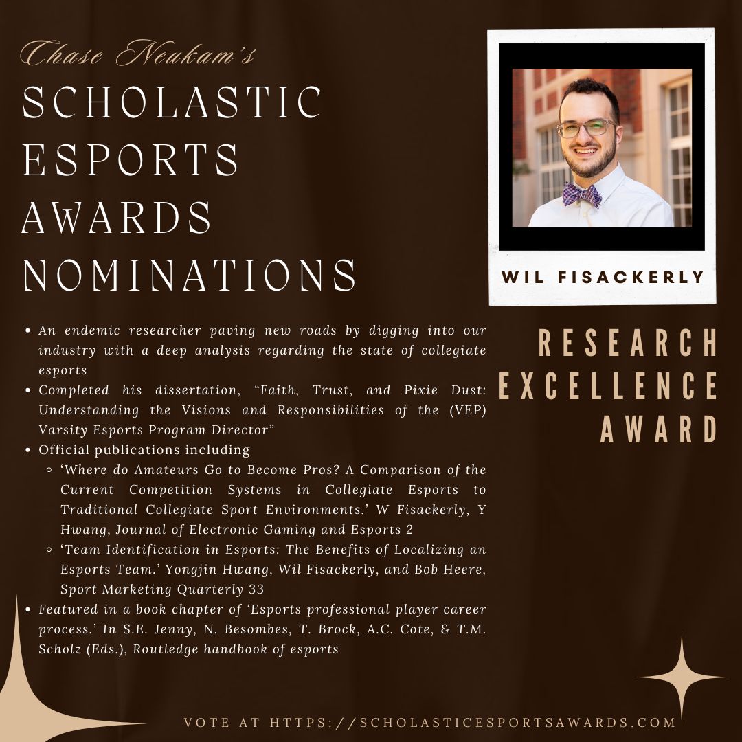 Wil Fisackerly, Ph.D. (@drfisack) on Twitter photo Remember to vote in the <a href="/ScholasticEA/">Scholastic Esports Awards</a> once per day through Sunday! vote.fisack.com Remember to vote in the <a href="/ScholasticEA/">Scholastic Esports Awards</a> once per day through Sunday! vote.fisack.com