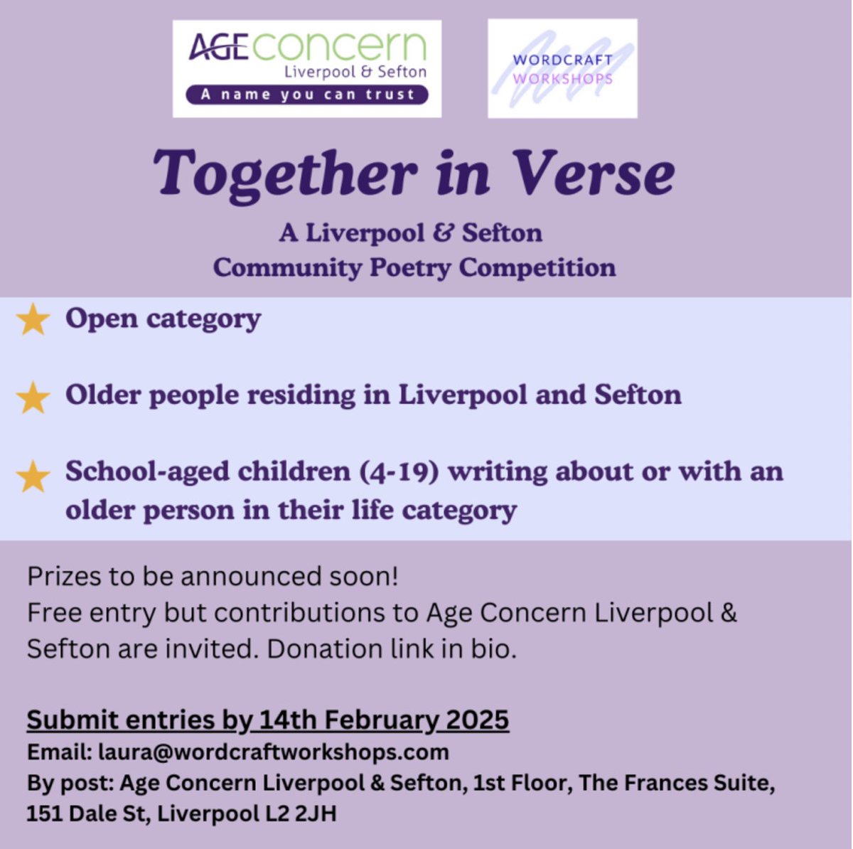 We’re thrilled to announce our collaboration with Wordcraft Workshops to host the Together in Verse Poetry Competition! 🎉This competition is open to everyone! Prizes so far include generous donations from The Plaza Cinema &amp; Cineworld, The Empire Theatre and more.