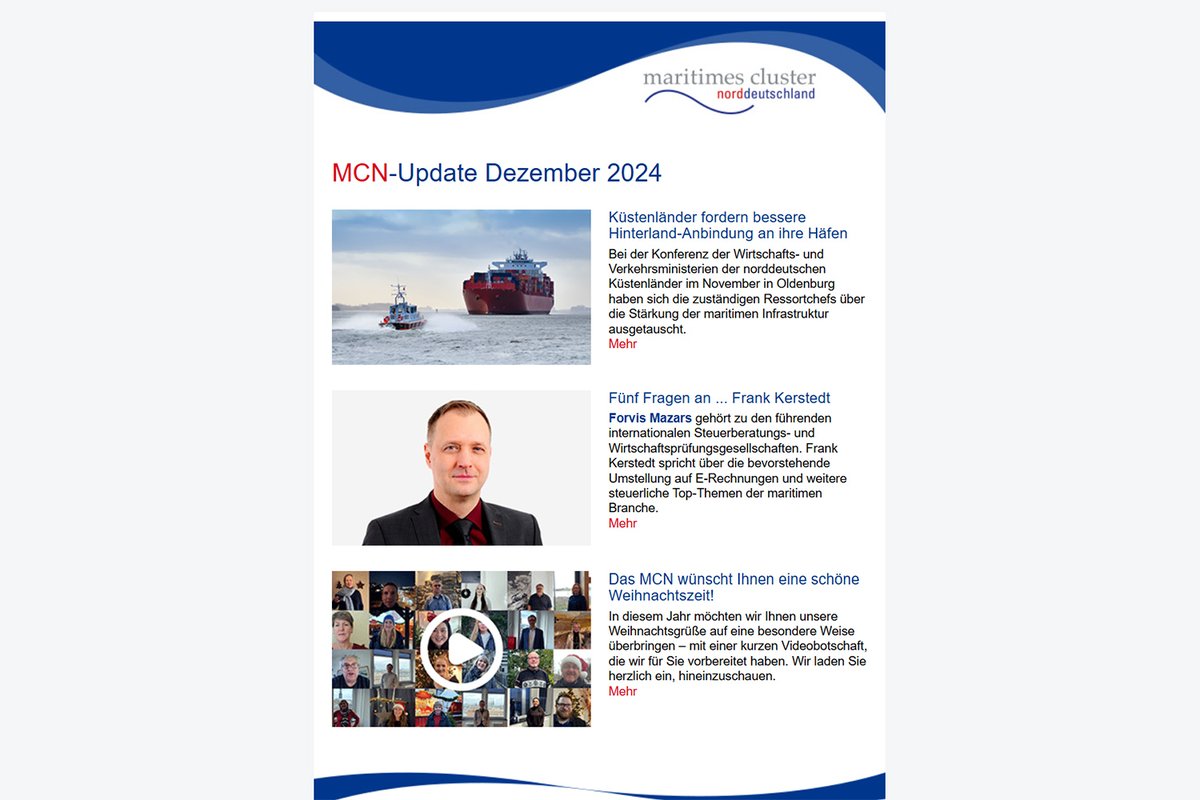 Heute haben wir die aktuelle Ausgabe unseres Newsletters „MCN-Update“ versendet, mit Neuigkeiten rund um das Maritime Cluster Norddeutschland und sein maritimes Netzwerk. 👉 news.maritimes-cluster.de/m/15710671

Hier können Sie unseren Newsletter abonnieren: maritimes-cluster.de/services/newsl… 📬