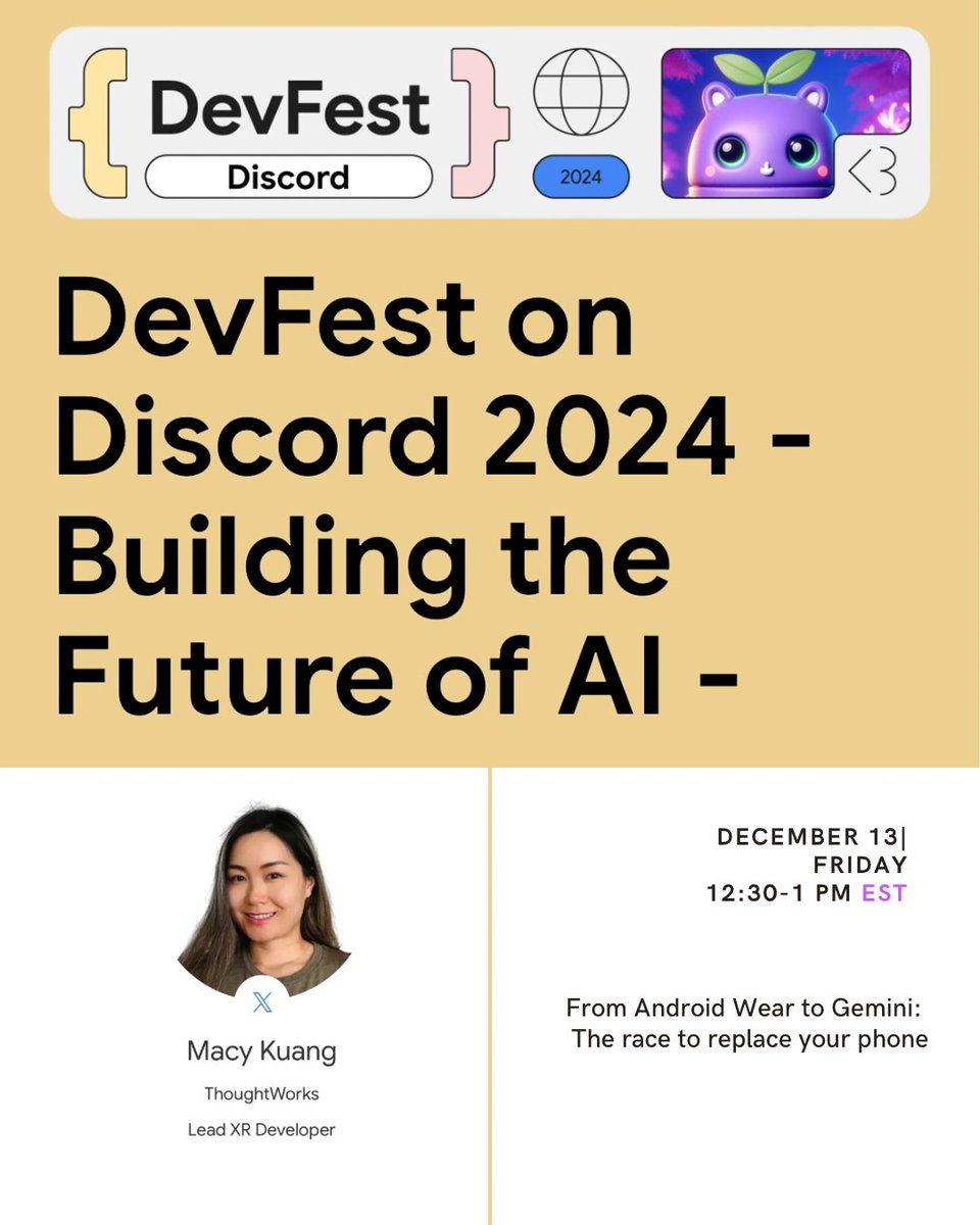 Missed my in-person talk? No worries—I’ve got you covered! Join me live this Friday at 12:30 PM EST on #DevFest2024 Discord as I discuss The Race to Replace Your Phone. #Tech4All 

gdg.community.dev/events/details…