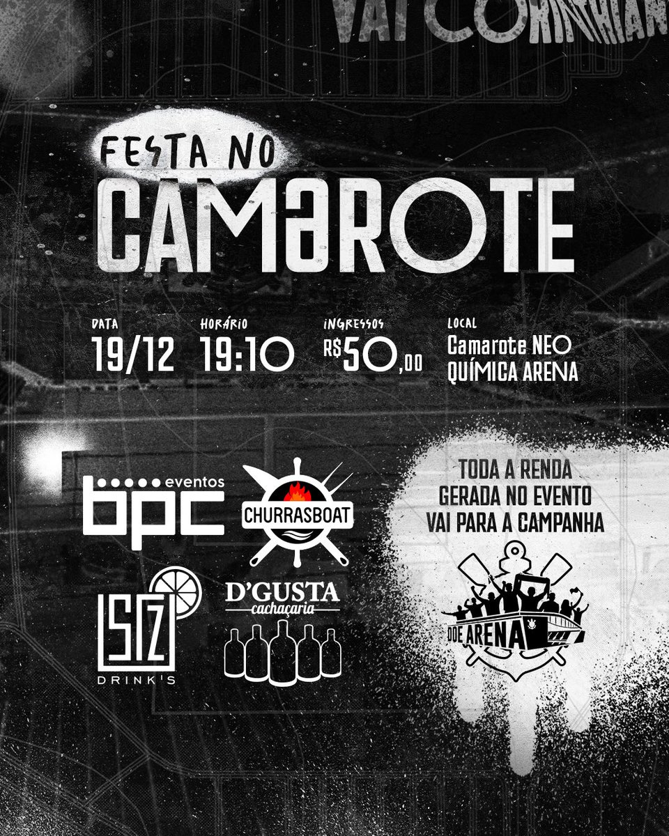 sccpnumeros's tweet photo. Gaviões da Fiel informa que no dia 19/12 ás 19h10 será realizada a primeira festa em prol da Campanha Doe Arena Corinthians com o intuito de arrecadar mais fundos para o projeto.

O evento acontecerá no Camarote da Neo Química Arena e 100% do valor arrecadado será doado para a missão de contribuir com a quitação da dívida do estádio. O ingresso será no valor de R$ 50 reais.

Garanta já: https://t.co/CfusG1LirJ