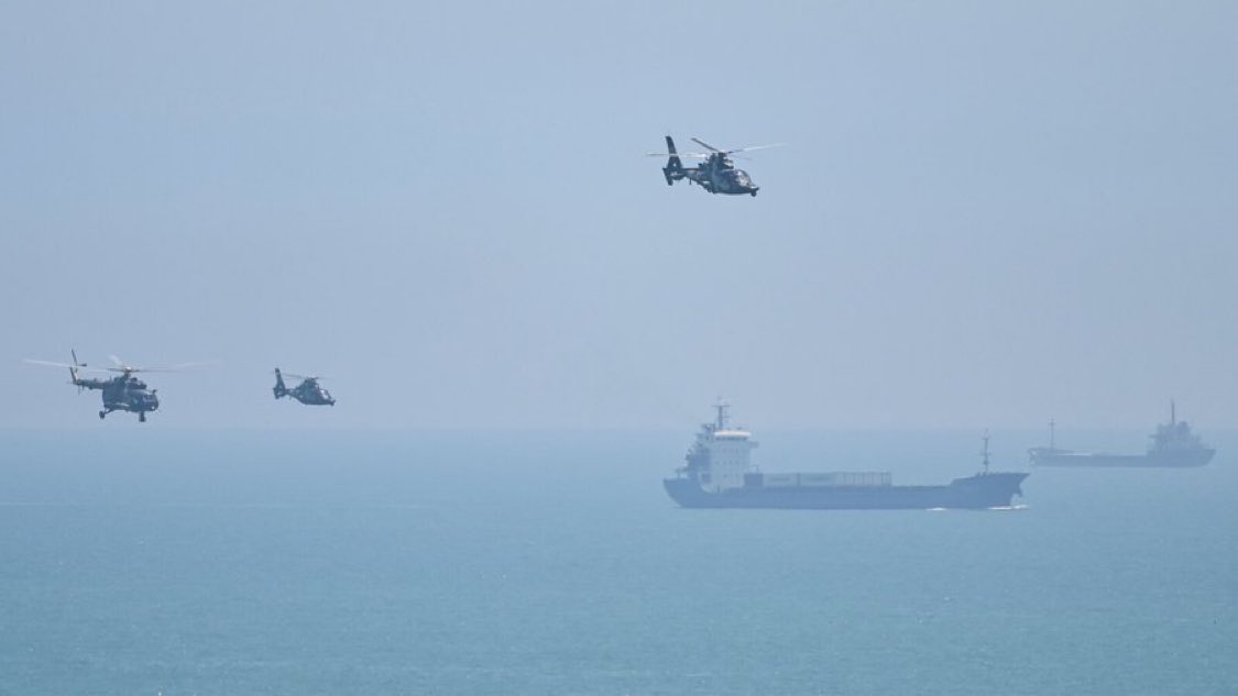 planet_monitor1's tweet photo. CHINA'S LARGEST NAVAL DEPLOYMENT YET SURROUNDS TAIWAN

Taiwan reports nearly 90 Chinese ships near its waters, surpassing Beijing's 2022 military drills sparked by Nancy Pelosi's visit. 

The massive deployment includes warships, coast guard vessels, and aircraft. https://t.co/RfQXMog6RK
