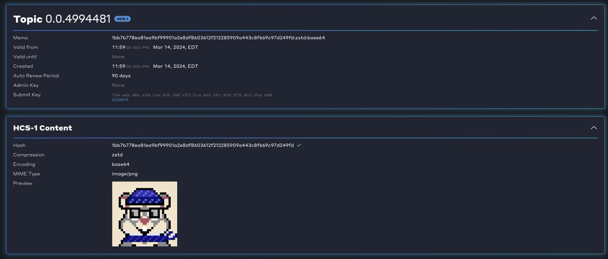 Kantorcodes's tweet image. 𝗛𝗖𝗦-𝟭 𝗶𝘀 𝗻𝗼𝘄 𝗹𝗶𝘃𝗲 𝗼𝗻 𝗛𝗮𝘀𝗵𝗦𝗰𝗮𝗻! 🎊🤝

Easily verify content hashes, explore MIME types, and check out compression details—all while browsing any HCS-1 Topic ID through the explorer.