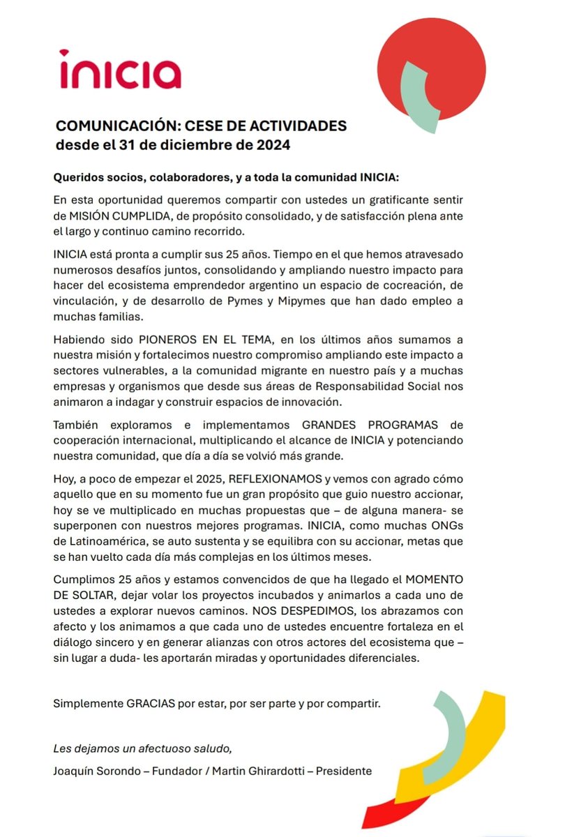 📣 Estimad@s, por pedido del presidente de Inicia, Martin Ghirardotti, y de su fundador, Joaquin Sorondo, les comunicamos esta noticia. Aprovechamos a agradecerles el tiempo compartido reflexionando que la llama de Inicia quedará activa en cada un@ de nosotr@s. 🚀