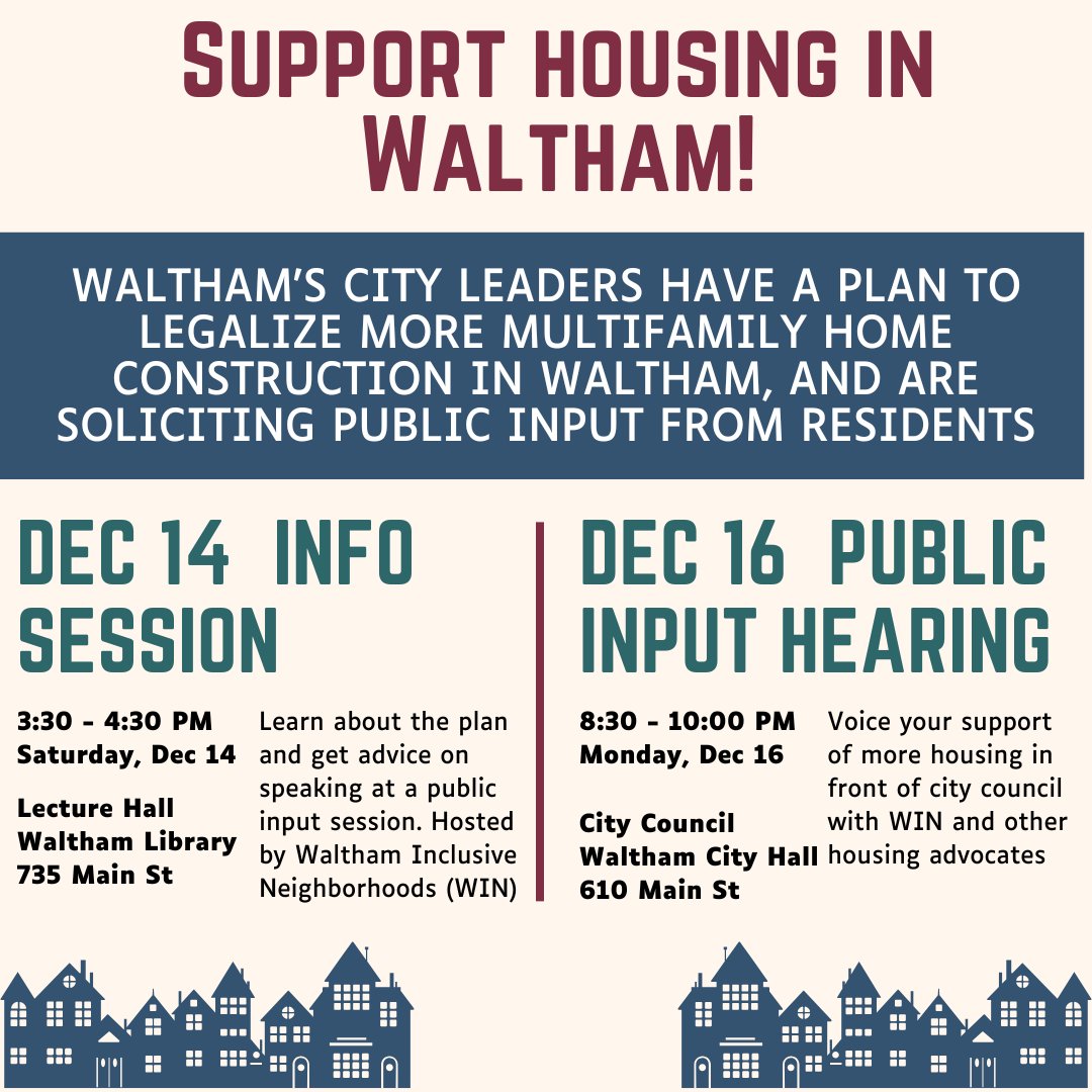 WNeighborhoods's tweet photo. Waltham will be voting on its plan to comply with the MBTA Communities Act this month! Please attend city council on Dec 16 to speak at the public hearing in favor of more housing!

We will host an info session on Dec 14 so folks can be prepared to speak.

https://t.co/y1cinMBYWA https://t.co/6SGtrOcEWc