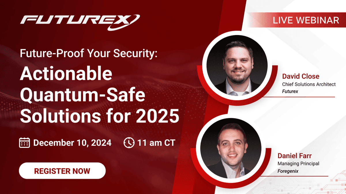 Futurex's tweet photo. Quantum Computing is coming and will break current encryption. Prepare now.

Join our webinar at 11 am CT to learn how to protect your data with smart strategies.

 #PQC #Webinar #Futurex #SecurityToTrust #FreedomToDo @Foregenix https://t.co/JMm9GDMNKJ