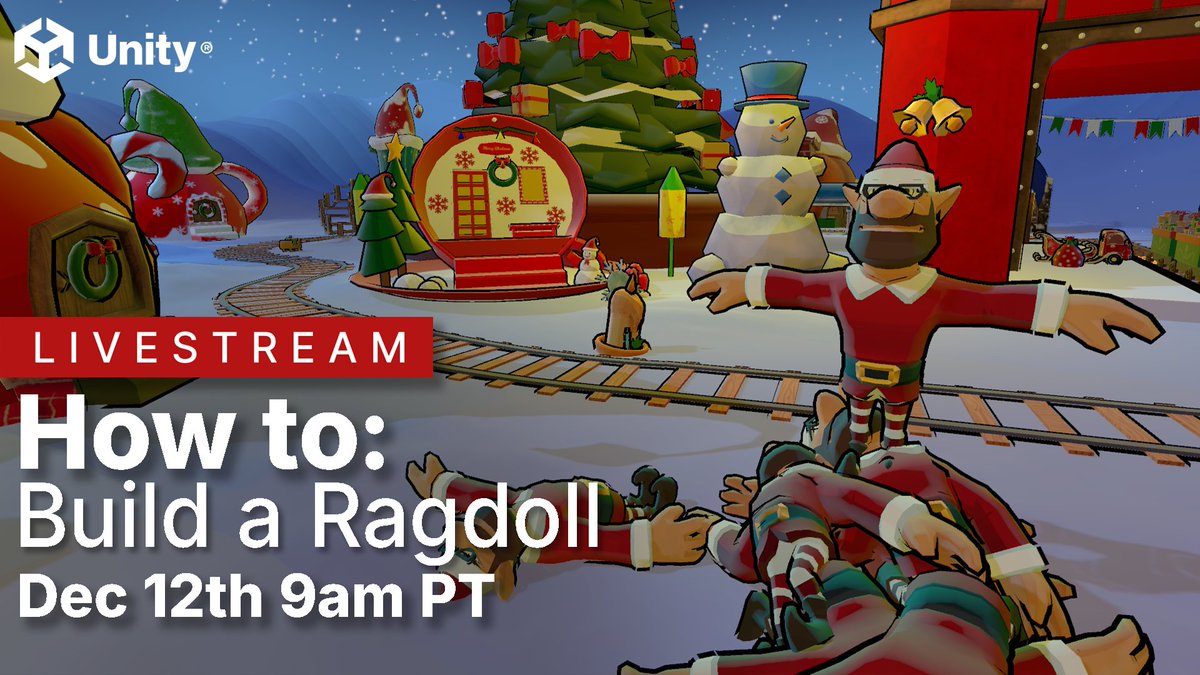 unitygames's tweet photo. Come learn how to create a ragdoll in Unity on Thurs Dec 12th at 9am PT! We’ll be joined by the Pro Training team for a FREE session, tinkering with the elves in Santa’s workshop! See you LIVE, over on Twitch: https://t.co/LiQC74jJKw https://t.co/ChP5kBXUAd