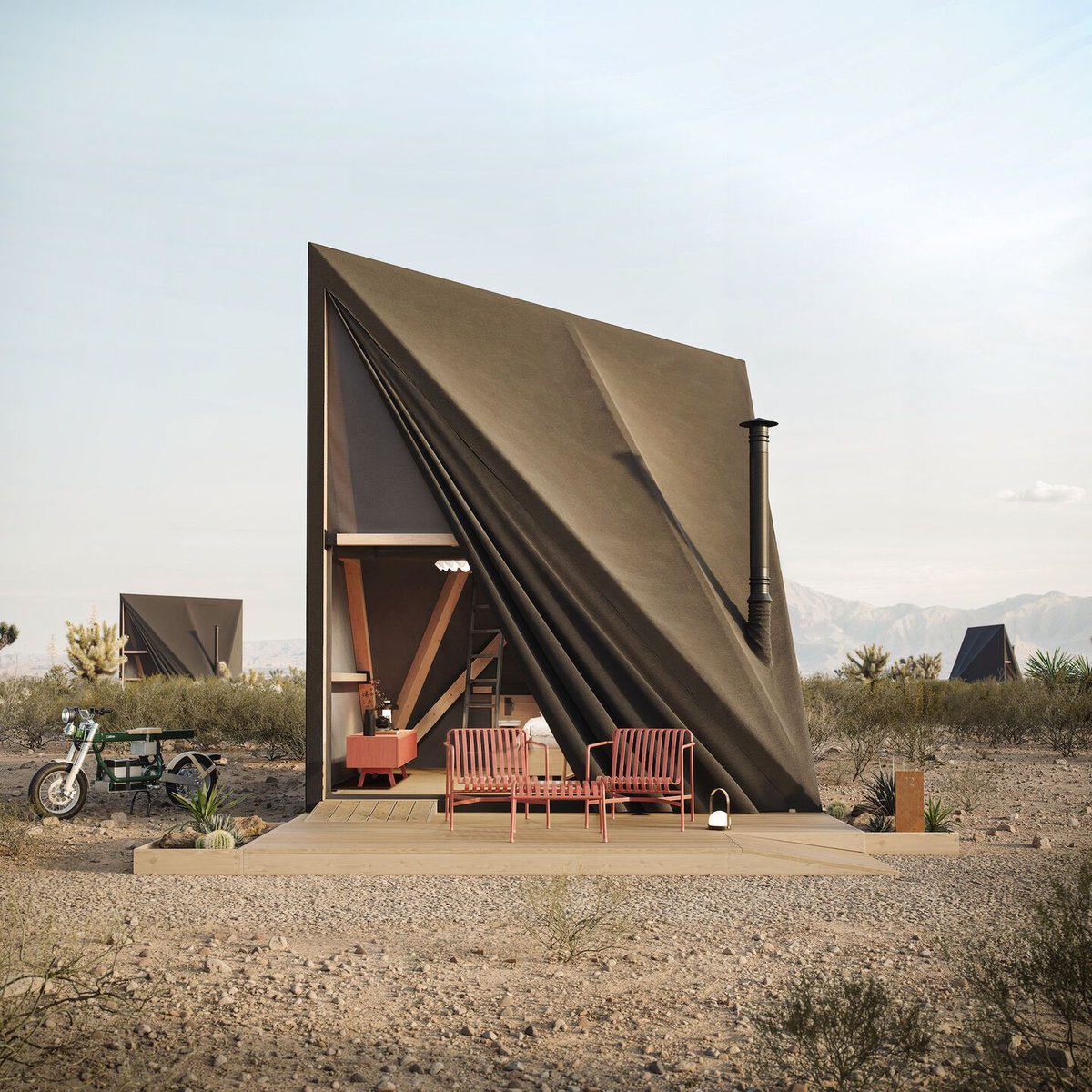 Archello's tweet image. BIG and Nokken introduce the Softshell: a semi-permanent, eco-friendly structure incorporating recyclable timber framing and Spanish canvas. 
buff.ly/3ZwwLse

#SustainableDesign #EcoResorts #AdaptableArchitecture