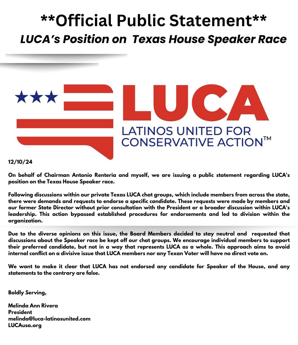 **Official Public Statement on LUCA’s Position on TX House Speaker Race**
On behalf of Chairman Antonio Renteria, <a href="/LUCAfounder/">Antonio Renteria</a> and myself, we are issuing a public statement regarding LUCA's position on the Texas House Speaker race.

Following discussions within our private Texas