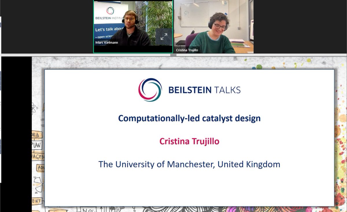 Marc Kielmann (@henloeditorfren) on Twitter photo Thoroughly enjoyed hosting Cristina Trujillo <a href="/Trujillo_Group/">Cristina Trujillo 🖥️ ⚛️</a> today for a #BeilsteinTalk on computationally led catalyst design. Thanks for your excellent talk, Cris! Thoroughly enjoyed hosting Cristina Trujillo <a href="/Trujillo_Group/">Cristina Trujillo 🖥️ ⚛️</a> today for a #BeilsteinTalk on computationally led catalyst design. Thanks for your excellent talk, Cris!