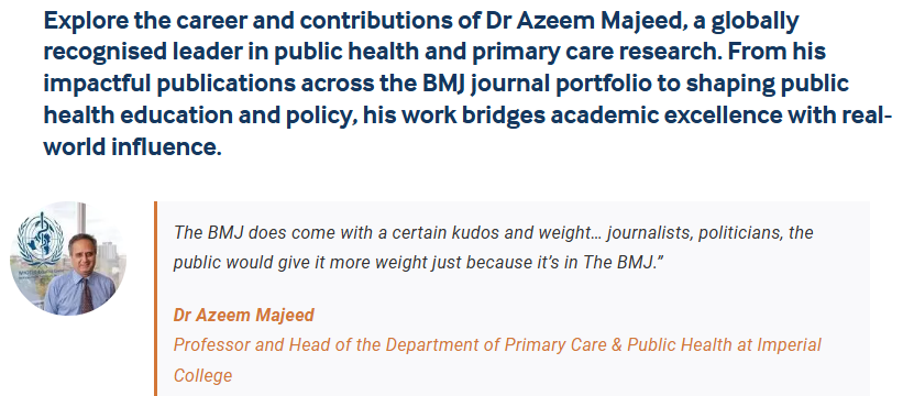 I’m very grateful to the BMJ Group <a href="/bmj_company/">BMJ Group</a> for publishing a profile of my academic work including the contribution I have made to primary medical care and public health globally. Working with the BMJ for the past 30 years has been a privilege. bmjgroup.com/driving-global…