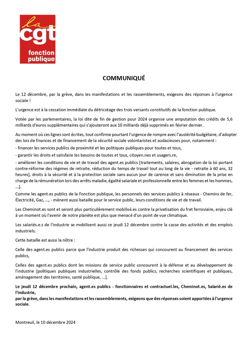 📣Le 12 décembre, par la grève, dans les manifestations et les rassemblements, exigeons des réponses à l’urgence sociale ! ✊
Appel CGT Fonction publique en téléchargement 👇
cgtetat.fr/fonction-publi…