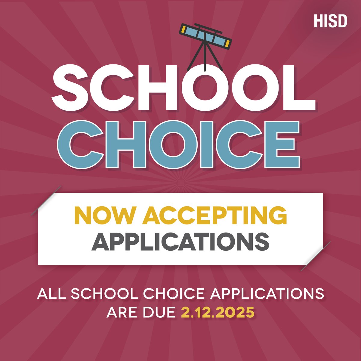 HISD School Choice Phase 1 is now open! The School Choice department is hosting a School Choice Fair on December 14 at Washington High School from 9am-12pm. For more information on School Choice events, visit bit.ly/3t6prHN.