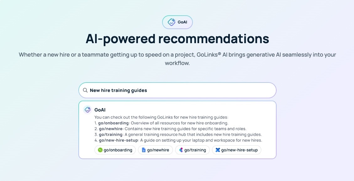 GoLinks's tweet image. If you need any information at work, ask. Our GoAI Assistant answers any query and delivers instant AI recommendations to relevant resources.

Learn more: hubs.li/Q02-X62D0  

#GoAI #AIAssistant #KnowledgeManagement