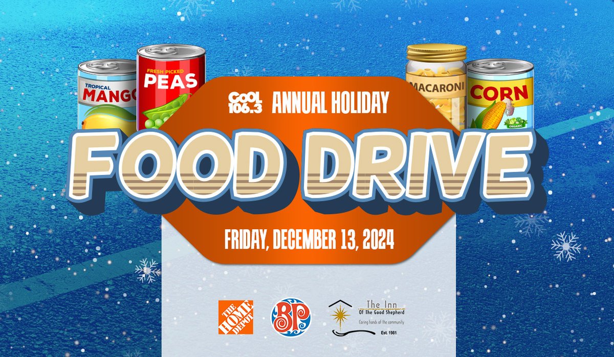 The <a href="/cool1063/">COOL106.3</a> &amp; Home Depot Annual Holiday Food Drive for the Inn of the Good Shepherd is back! 🎄

📅 Dec 13 | 🕠 5:30-10 AM
📍 Home Depot, 1350 Quinn Dr.

Drop off non-perishables, meet Ben &amp; Rob, &amp; support a great cause!

💻 Donate: theinnsarnia.ca/donate/