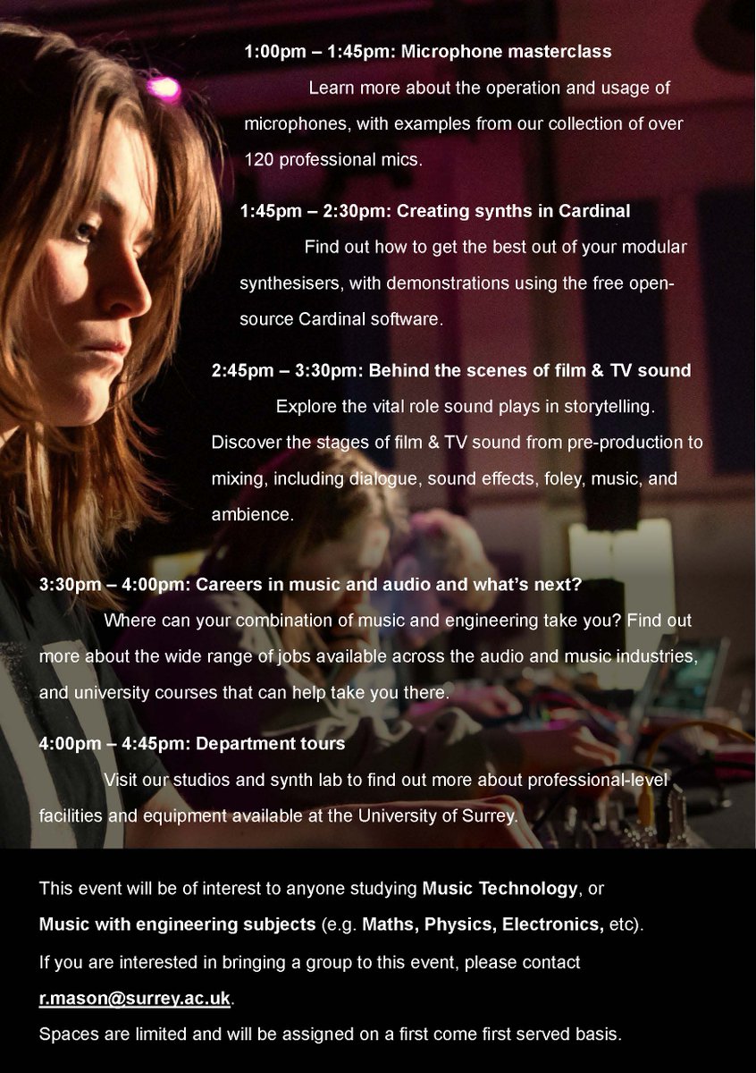 Surrey Music Hub (@surreymusichub) on Twitter photo In January the University of Surrey are hosting a Music Tech taster day. 🎻
📅 Wednesday 8 January 2025
⏰ 1.00pm until 4.45pm
📍 University of Surrey, Guildford
Contact r.mason@surrey.ac.uk if you or someone you know is interested!
@universityofsurrey In January the University of Surrey are hosting a Music Tech taster day. 🎻
📅 Wednesday 8 January 2025
⏰ 1.00pm until 4.45pm
📍 University of Surrey, Guildford
Contact r.mason@surrey.ac.uk if you or someone you know is interested!
@universityofsurrey