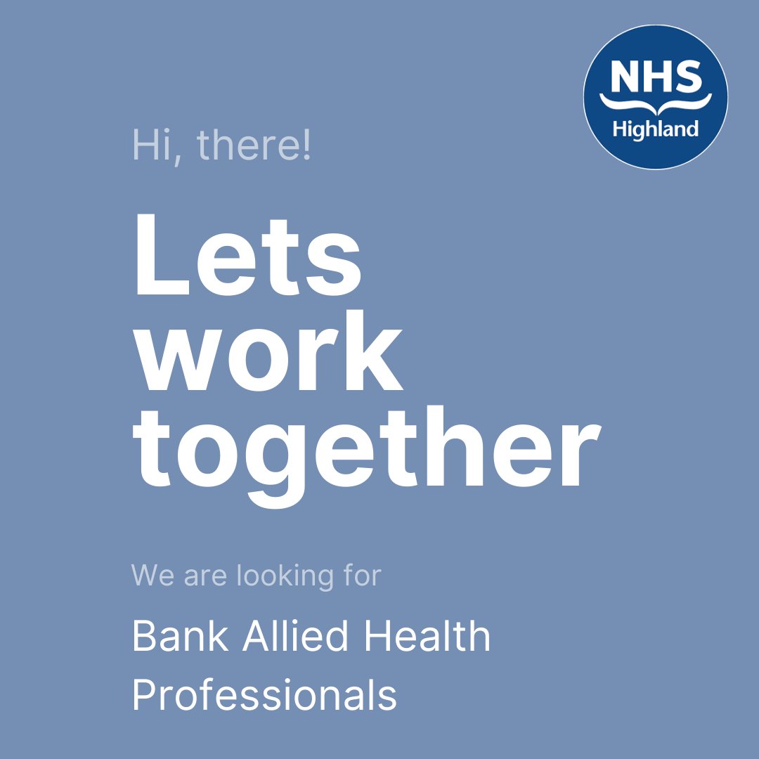 NHS Highland is looking for HCPC registered professionals to join our bank.
 
To apply for Highland please click here: apply.jobs.scot.nhs.uk/Job/JobDetail?…
 
To apply for Argyll and Bute please click here: apply.jobs.scot.nhs.uk/Job/JobDetail?…