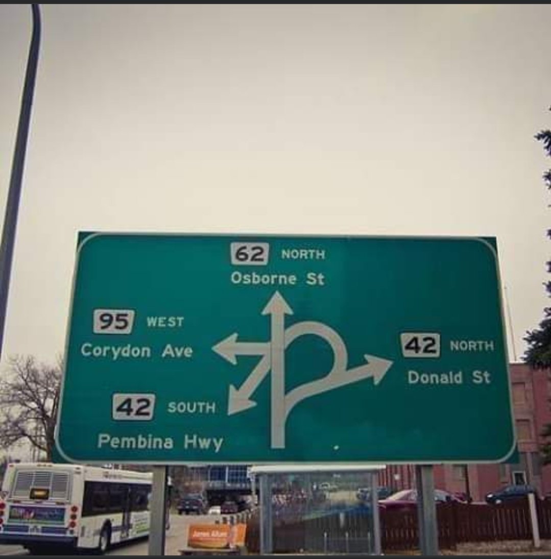 Gotta turn right to go left. 
It's a #Winnipeg thing.