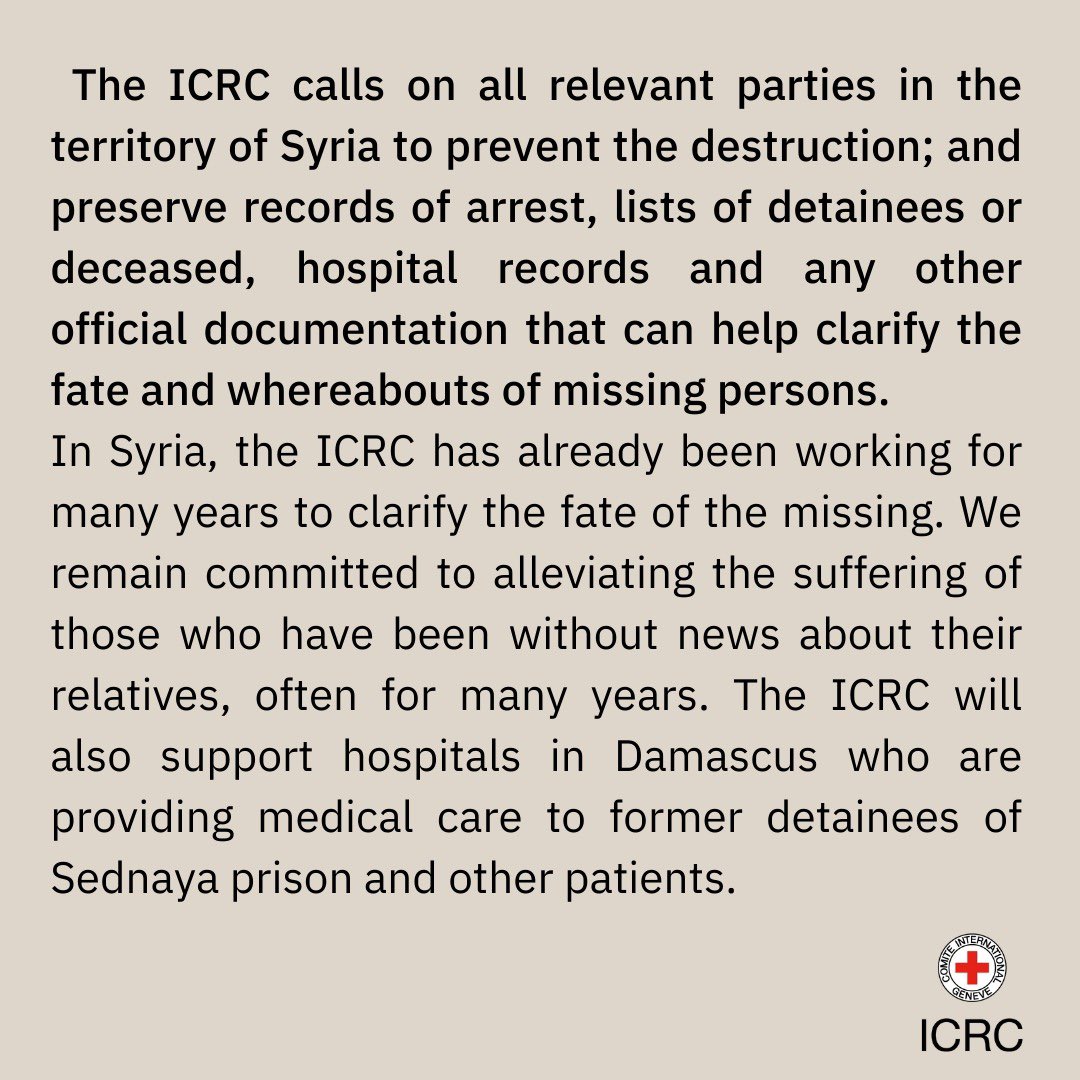 Important <a href="/ICRC_sy/">ICRC Syria</a> statement on #Sednaya prison, after our team’s earlier visit on site today 👇