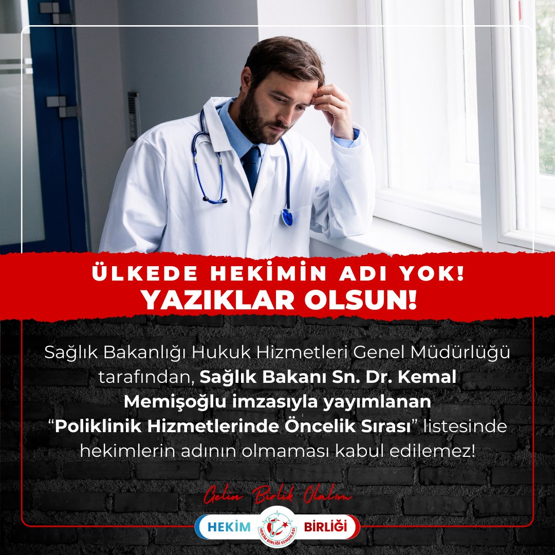 Hekimin Adı Yok!
Hekimlerin en doğal özlük ve deontolojik hakları birer birer ellerinden alınıyor! 

Sağlık Bakanlığı’nın yayımladığı 2024/11 sayılı yeni “Poliklinik Hizmetlerinde Öncelik Sırası” Genelgesi’nde  Hekimin adı yok!

2005 tarihli Genelgede açıkça belirtilen "sağlık
