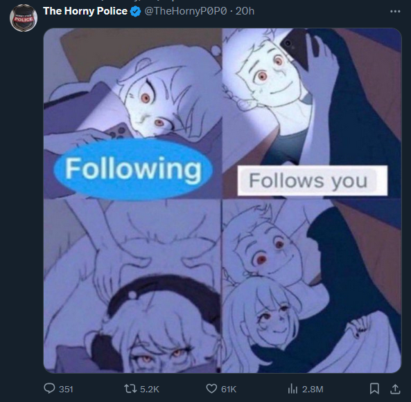 Amy_ADCover's tweet image. the horny police are reposting horny memes, which they claim to arrest people for. this is a smart reference to the real life police disseminating illegal dr-