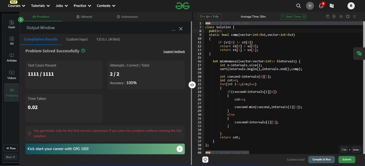 Rutuja1408's tweet image. 🚀 Day 18..
Solved Today&apos;s Problem..
Non-Overlapping Intervals..
#gfg160 
#womenintech 
#geekforgeeks