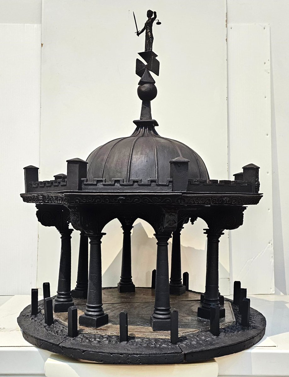 ConservationBob's tweet image. Ipswich Museum Conservation for redevelopment. A model of the market cross on the Corn Hill.  Posts missing, statue missing, dirty. Painting  about 1800. Ashley has carved a replacement, and Carrie  replaced the posts. Cleaned retouched
Original statue still exists in Town Hall.