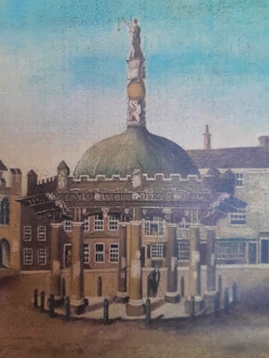 ConservationBob's tweet image. Ipswich Museum Conservation for redevelopment. A model of the market cross on the Corn Hill.  Posts missing, statue missing, dirty. Painting  about 1800. Ashley has carved a replacement, and Carrie  replaced the posts. Cleaned retouched
Original statue still exists in Town Hall.