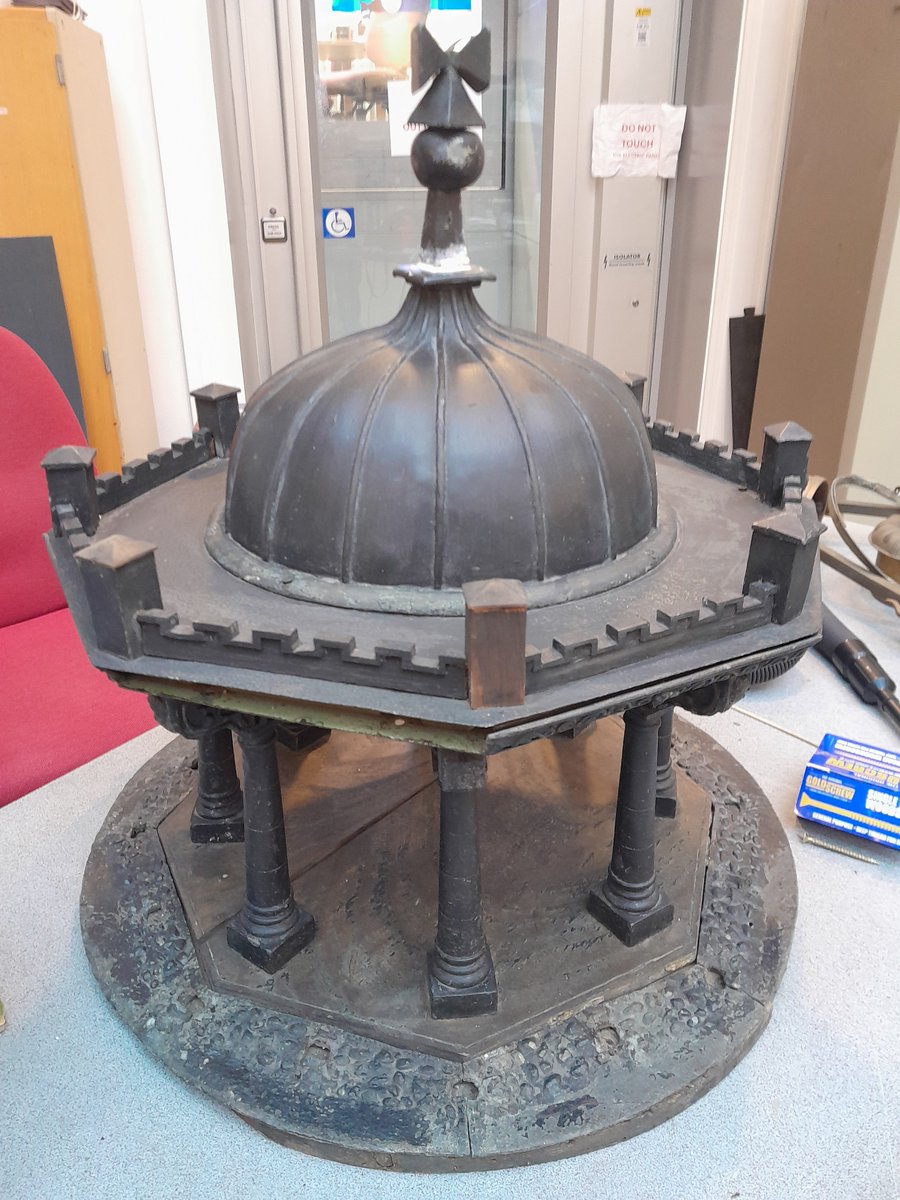 ConservationBob's tweet image. Ipswich Museum Conservation for redevelopment. A model of the market cross on the Corn Hill.  Posts missing, statue missing, dirty. Painting  about 1800. Ashley has carved a replacement, and Carrie  replaced the posts. Cleaned retouched
Original statue still exists in Town Hall.