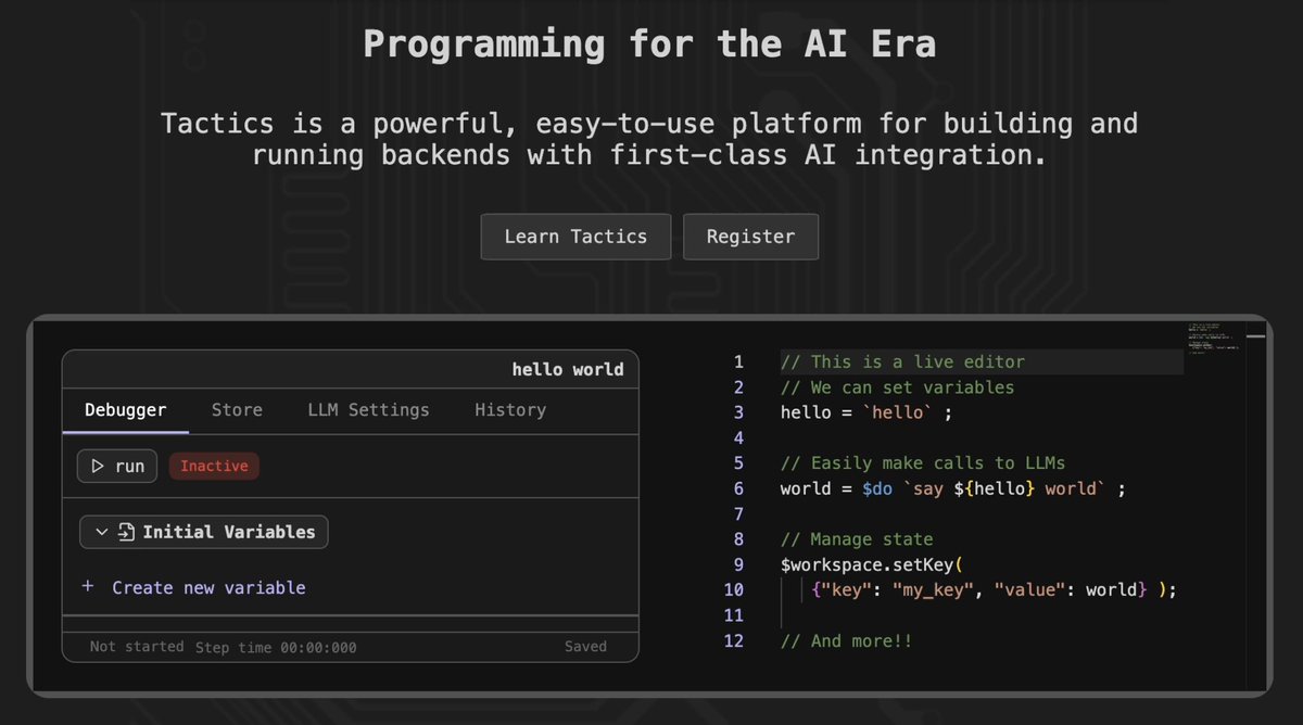 Want to help steer the future of AI?

We’re looking for a small number of individuals who are excited to build with Tactics and want to partner with us to shape its development:

- Join an exclusive channel with direct access to developers

- Request features and tell us where