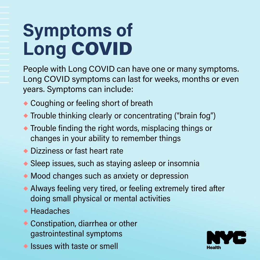 nycHealthy's tweet photo. Long COVID symptoms can be new, returning or ongoing and are present for at least three months.
COVID-19 vaccines continue to be the best way to protect yourself from severe illness from COVID-19 and health complications like Long COVID.
Learn more: https://t.co/pjllWvpwgj https://t.co/bWNMCAajNG