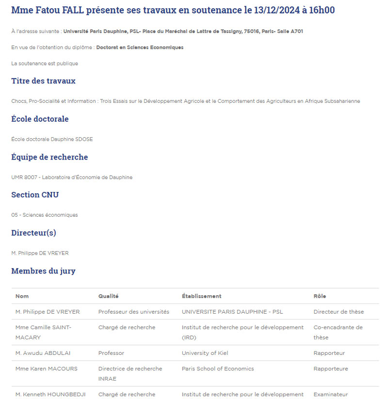 DIAL (@dialdevelopment) on Twitter photo #Soutenance de thèse <a href="/Paris_Dauphine/">Université Paris Dauphine - PSL</a> le 13 décembre à 16h.
Fatou Fall <a href="/FatouFall0/">Fatou Fall</a> : "Shocks, Pro-Sociality, and Information: Three Essays on #Agricultural #Development and Farmers' Behavior in Sub-Saharan #Africa".
dauphine.psl.eu/formations/doc… #Soutenance de thèse <a href="/Paris_Dauphine/">Université Paris Dauphine - PSL</a> le 13 décembre à 16h.
Fatou Fall <a href="/FatouFall0/">Fatou Fall</a> : "Shocks, Pro-Sociality, and Information: Three Essays on #Agricultural #Development and Farmers' Behavior in Sub-Saharan #Africa".
dauphine.psl.eu/formations/doc…