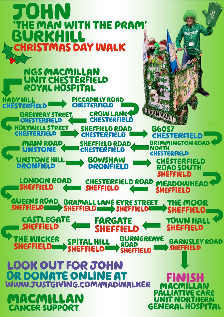 Eyup! It's the countdown to Christmas! Looking forward to my annual Christmas Day walk. Here's the route, starting at 8am from the NGS Macmillan Unit at Chesterfield Royal Hospital to the Macmillan Palliative Care Unit at the Northern General.

www.justgiving/madwalker