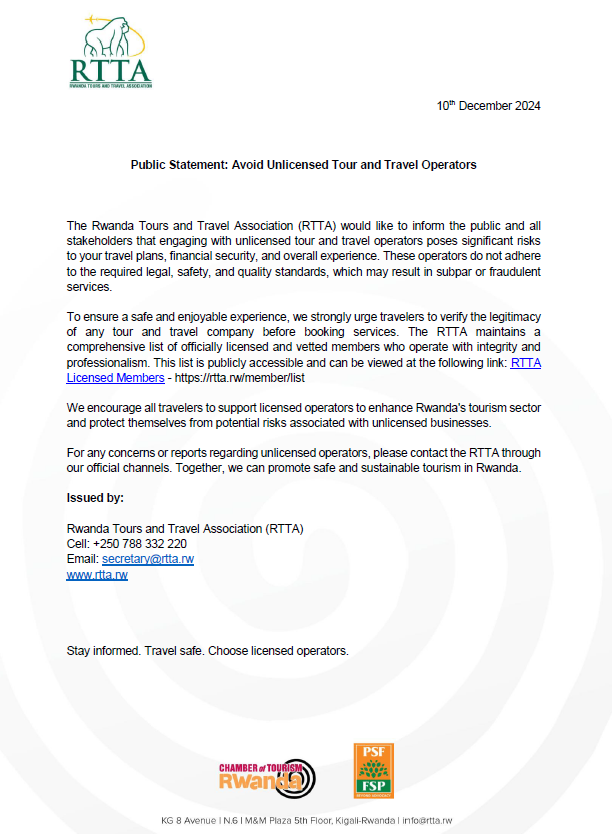 🚨 Attention Travelers!

Beware of unlicensed tour &amp; travel operators! Protect your plans, money &amp; experience by booking only with licensed companies.

✅ Check the official list of licensed operators here: rtta.rw/member/list

#VisitRwanda #ChooseLicensedOperators #RTTA