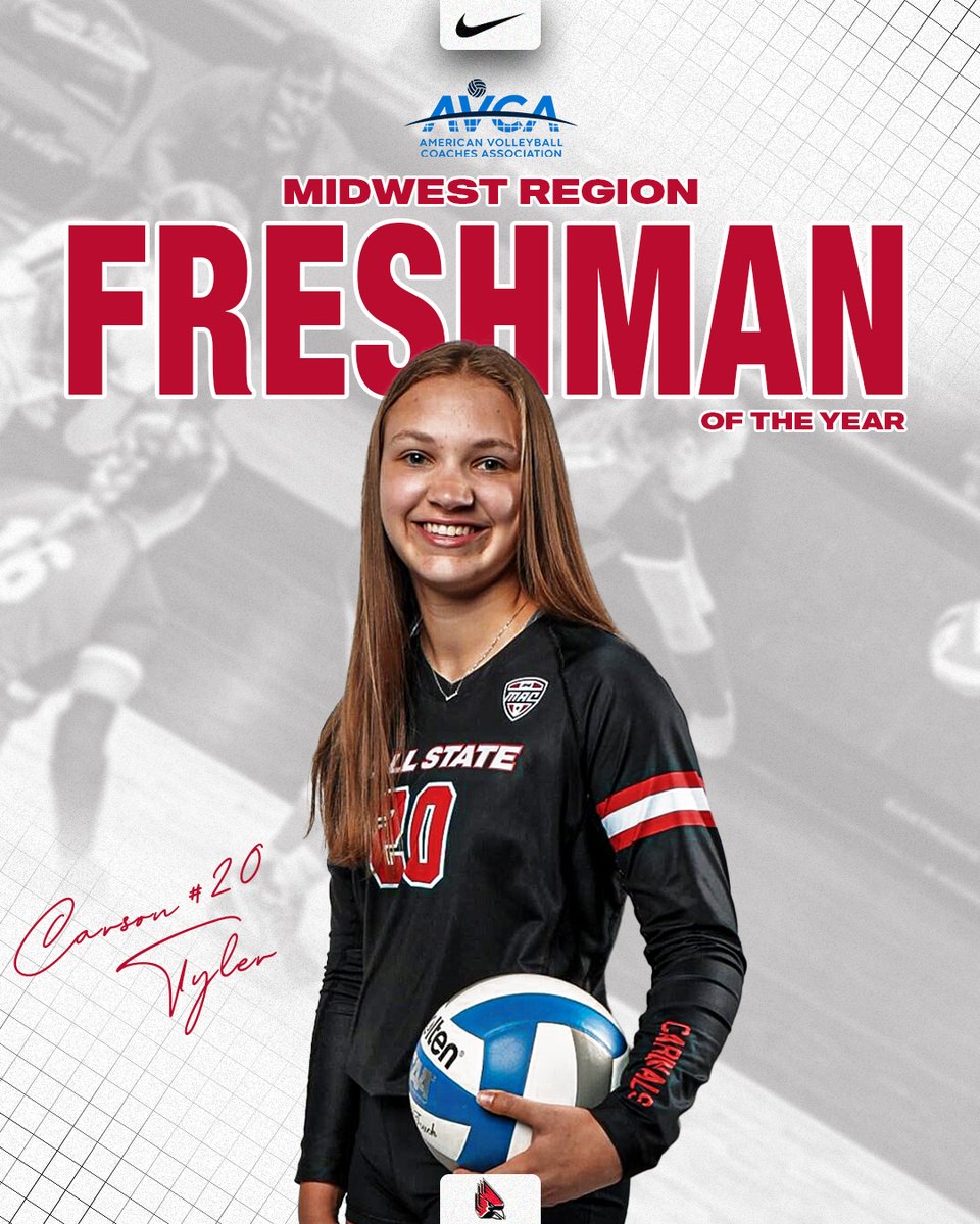 BallStateWVB's tweet photo. The awards keep rolling in for #CarsonTyler who was named the @AVCAVolleyball Midwest Region Freshman of the Year!!!
... she also earned a spot on the All-Midwest Region Honorable Mention team
π°: https://t.co/vcsmNxlKL7
#ChirpChirp x #WeFly x #MACtion https://t.co/DFl9gvBAW5