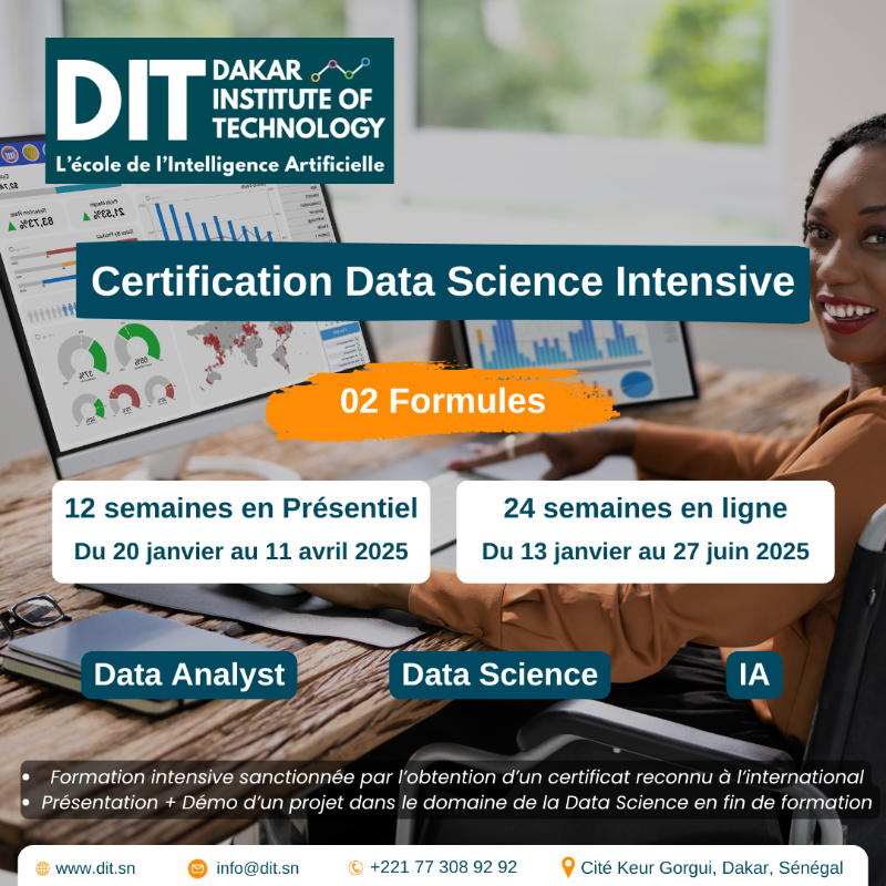 DITSenegal's tweet photo. 🚀 Devenez Data Scientist Certifié !

📅 Rentrées :
Cours du jour (Présentiel, 3 mois) : 20 janvier 2025
Cours du soir (En ligne, 6 mois) : 13 janvier 2025

✅ Admission : Validez votre test de niveau en ligne 
🔗 Lien du test : https://t.co/by3ZwvrByN
