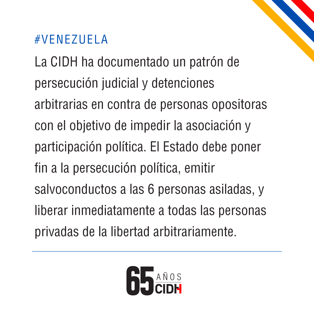 CIDH's tweet image. #Venezuela: #CIDH condena los continuos hostigamientos del régimen contra la residencia del embajador de Argentina en #Caracas, donde se alojan 6 dirigentes de la oposición desde el día #20marzo. La residencia, que se encuentra bajo custodia del Estado brasileño desde el 1 de…