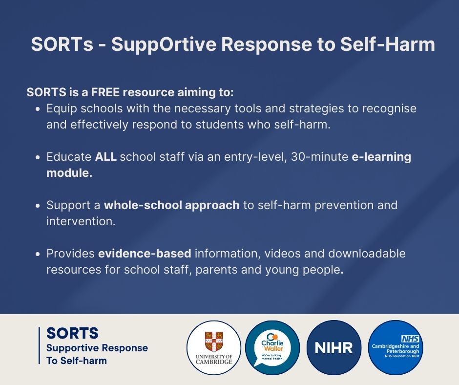 Are you an educational professional in the UK? The SORTS team have launched a free 30-minute training module and resources to support a whole school approach to self-harm responses and intervention. 

Learn more: sorts4schools.org.uk