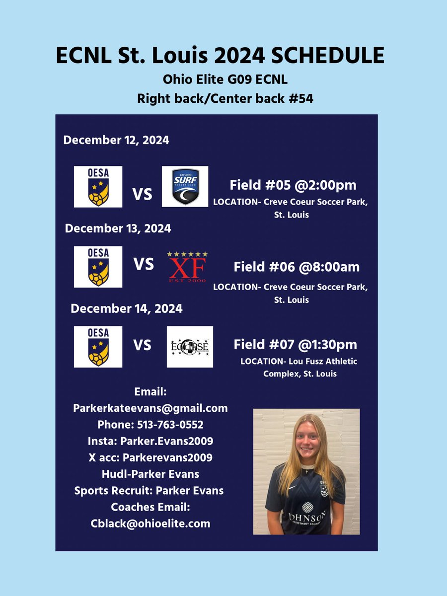 Parker Evans 2027 (@parkerevans2009) on Twitter photo T-minus 2 Days till #ECNLSTL Come out and watch Ohio Elite G09 team play!
<a href="/ohioelite/">Ohio Elite Soccer Academy</a> <a href="/ECNLgirls/">ECNL Girls</a>
<a href="/PrepSoccer/">Prep Soccer ⚽️</a> <a href="/ImYouthSoccer/">ECNL/GA/Recruiting/College Soccer</a> <a href="/TopDrawerSoccer/">TopDrawerSoccer</a> <a href="/ImCollegeSoccer/">College Soccer Truth ™</a> <a href="/TheSoccerWire/">SoccerWire</a> T-minus 2 Days till #ECNLSTL Come out and watch Ohio Elite G09 team play!
<a href="/ohioelite/">Ohio Elite Soccer Academy</a> <a href="/ECNLgirls/">ECNL Girls</a>
<a href="/PrepSoccer/">Prep Soccer ⚽️</a> <a href="/ImYouthSoccer/">ECNL/GA/Recruiting/College Soccer</a> <a href="/TopDrawerSoccer/">TopDrawerSoccer</a> <a href="/ImCollegeSoccer/">College Soccer Truth ™</a> <a href="/TheSoccerWire/">SoccerWire</a>