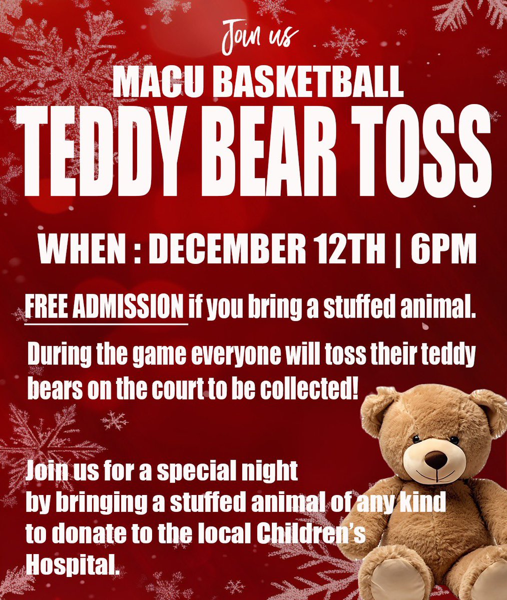 MACU BASKETBALL (@macumbb) on Twitter photo Come out and join us for our 1st annual teddy bear toss on Thursday!! <a href="/MACU_WBB/">MACU Womenβs Basketball</a> @ 6pm | Menβs basketball @ 8pm Come out and join us for our 1st annual teddy bear toss on Thursday!! <a href="/MACU_WBB/">MACU Womenβs Basketball</a> @ 6pm | Menβs basketball @ 8pm