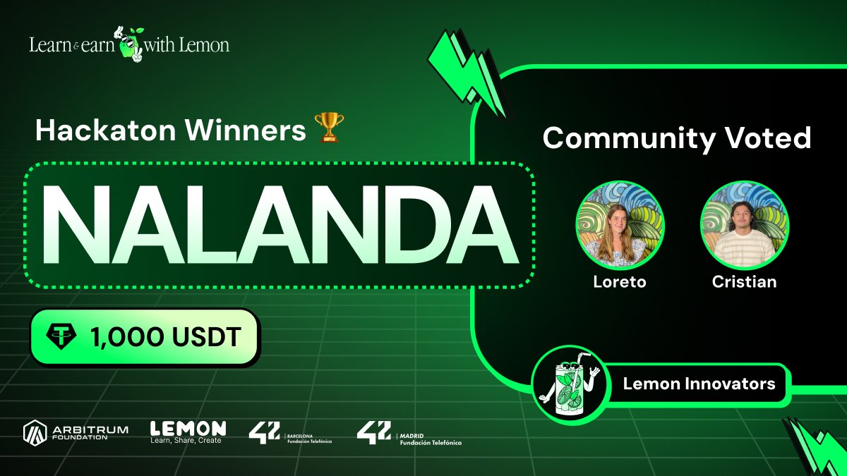 👉🏽Lemon Innovators (Voted by community) $1000:
🏆🔥NALANDA🔥🏆

Nalanda is an archive of knowledge, using AI, and IPFS to ensure that the information is accessible, immutable and always updated. 

🔗 The full report and code is available on: github.com/loreeue/arbitr…