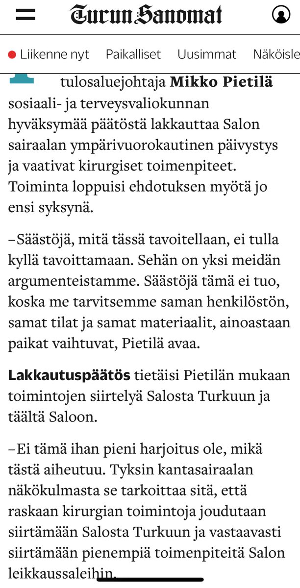 Hesalaismediaa kiinnostavat vain sotevaliokunnan riidat ja huudot. Täällä muualla Suomessa kysytään, miten niistä PÄÄTÖKSISTÄ selvitään! <a href="/Turkukaupunki/">Turun kaupunki</a> laiset roudataan ensi vuonna Saloon päiväkirurgiaan, salolaiset yöllä <a href="/TyksAUCS/">Tyks</a> iin. Kalliiksi käy!