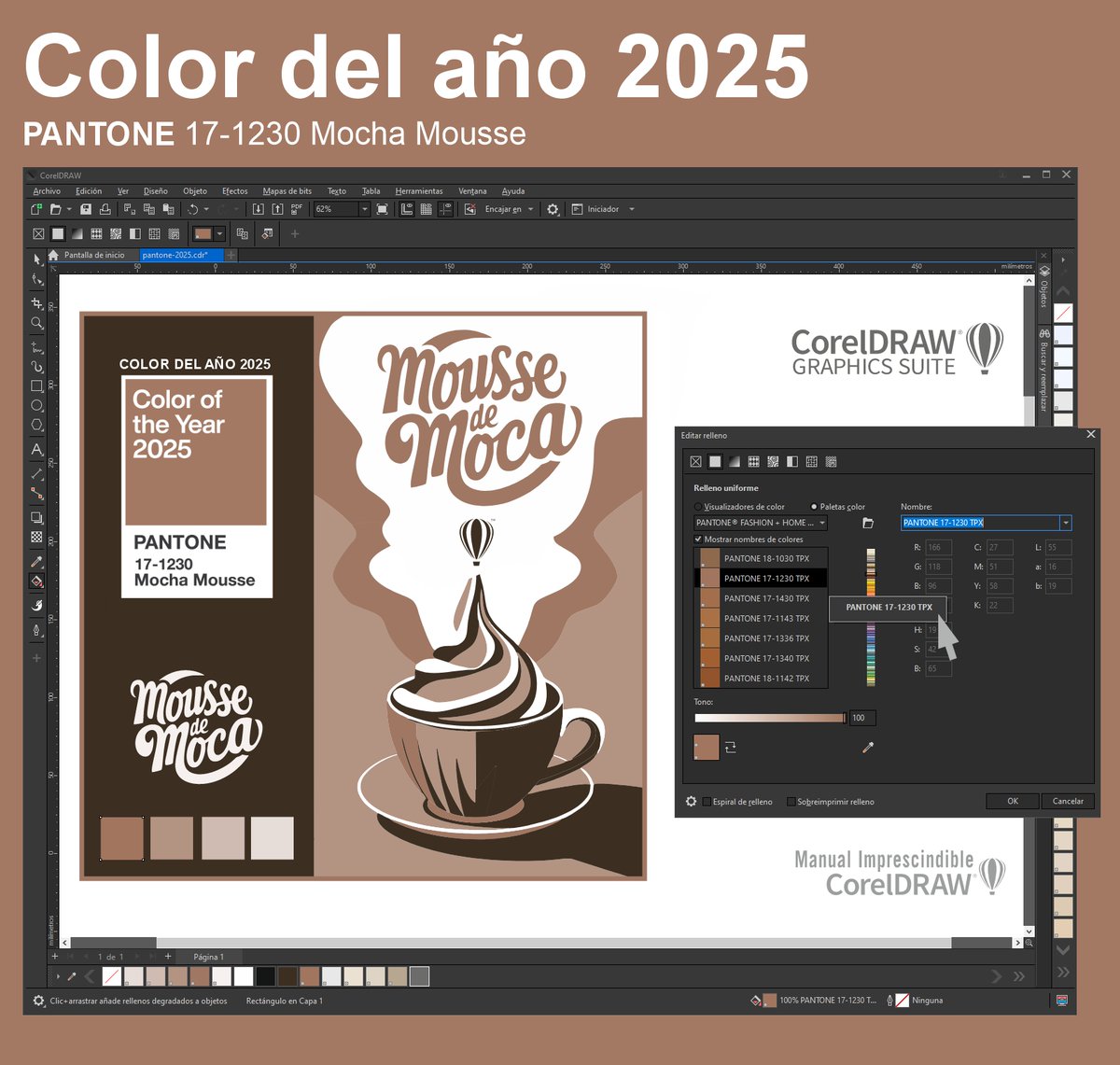 LibroCorelDRAW's tweet image. El color del año 2025 es el #MochaMousse  
¿sabías que puedes utilizar los colores #PANTONE en #CorelDRAW sin tener que pagar un extra como sucede en Adobe Illustrator? En el librocoreldraw.com te explicamos el método más fácil de utilizar las paletas Pantone. #diseñografico